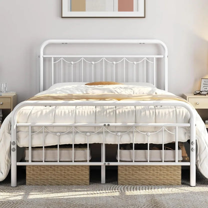 Metal Bed Frames with Vintage Headboard and Footboard, Farmhouse Metal Platform Bed, Heavy Duty Steel Slat Support, Ample Under-