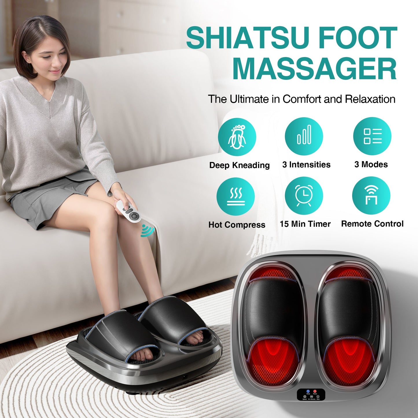 Shiatsu foot massager, heating and deep massage therapy, air compression, vibration pain relief, and circulation