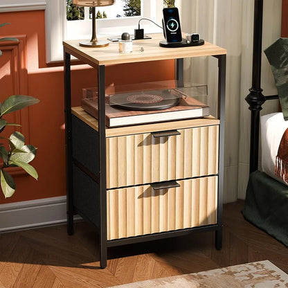 Night Stand with Charging Station & Led Light, 19" W Fluted Nightstand Round Edge, Wood Nightstand Mid Century Modern End Table,