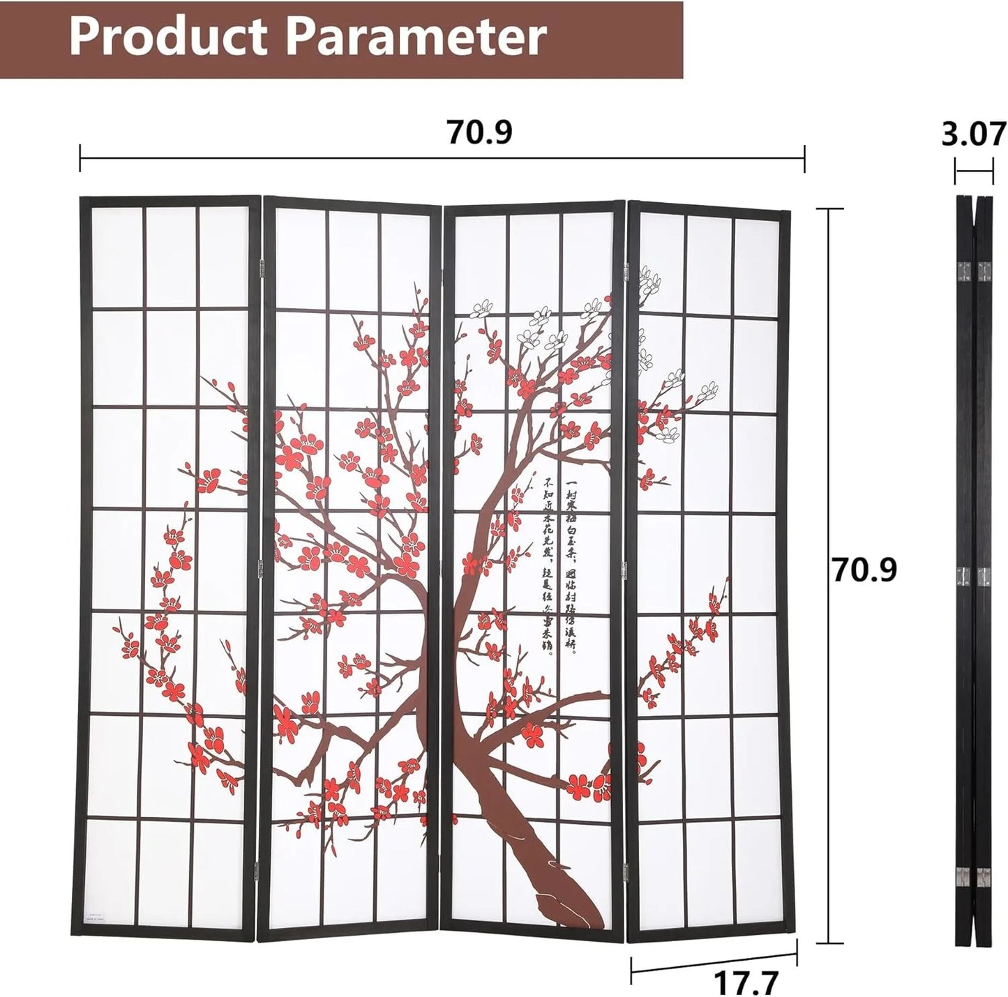 6ft Folding Privacy Divider 4 Panels Oriental Shoji Screen Wall Divider Wood Divider Portable Freestanding Partitio