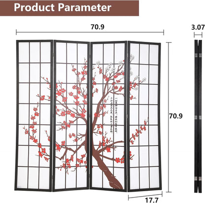 6ft Folding Privacy Divider 4 Panels Oriental Shoji Screen Wall Divider Wood Divider Portable Freestanding Partitio