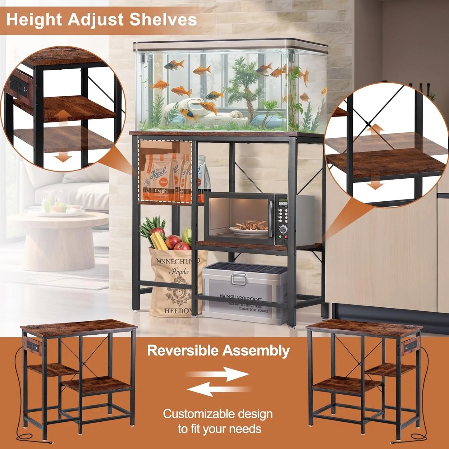 20-29-37 Gallon Fish Tank Stand with 3-Tier Adjustable Storage Shelves and Power Outlet, Reptile Tank Stand, 30.7" L*13.7"