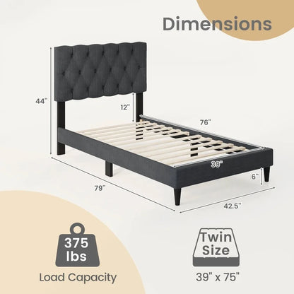 Twin Size Bed Frame with Button-Tufted Headboard & Wooden Slats Easy Assembly