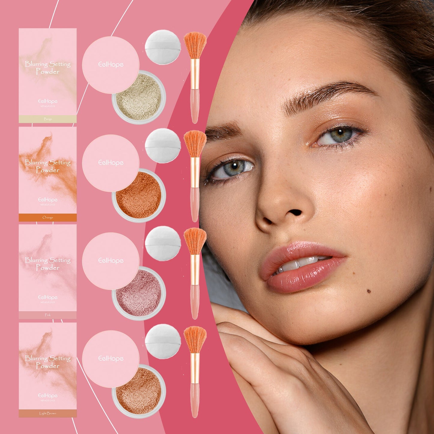 Setting powder with brush， Natural Makeup Light, Delicate Breathable Fit Dry And Wet Dual Use Powder Lasting Makeup