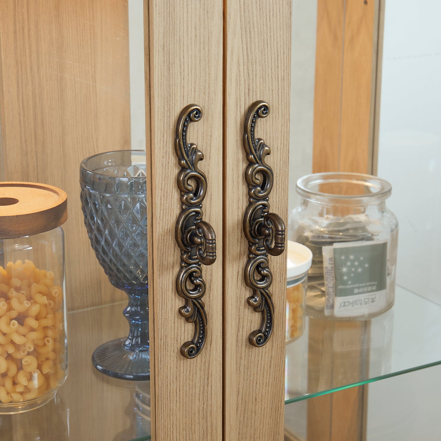 Light colored glass cabinet with adjustable glass frame, including cabinet light bulbs OAK with 2 doors and 1 drawer