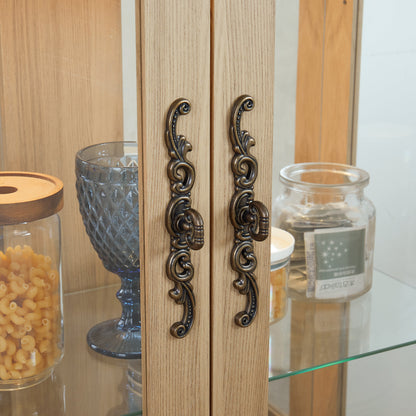 Light colored glass cabinet with adjustable glass frame, including cabinet light bulbs OAK with 2 doors and 1 drawer