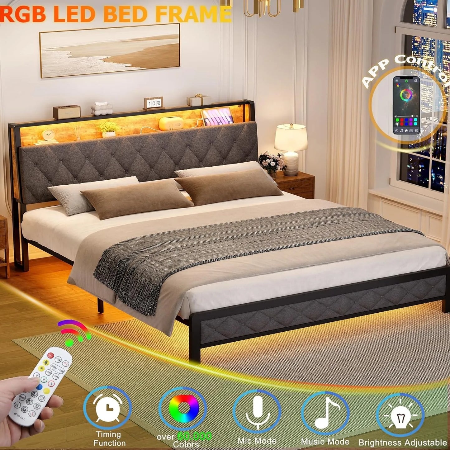 Queen Size Bed Frame with Storage Headboard and Charging Station, Upholstered Bed Frame Queen Size with LED Lights, Platform Bed