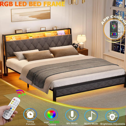 Queen Size Bed Frame with Storage Headboard and Charging Station, Upholstered Bed Frame Queen Size with LED Lights, Platform Bed