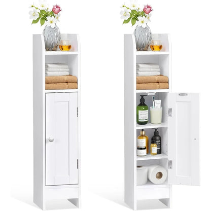 Slim Bathroom Storage Cabinet, Narrow Bathroom Cabinet with Door and Adjustable Shelves, Freestanding Toilet Paper Storage Cabin