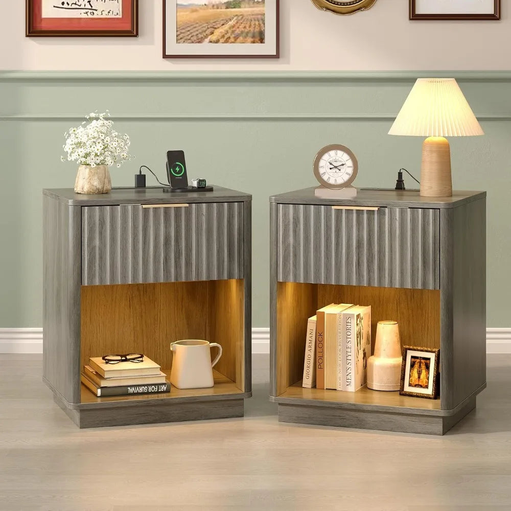 Night Stand with Charging Station & Led Light, 19" W Fluted Nightstand Round Edge, Wood Nightstand Mid Century Modern End Table,