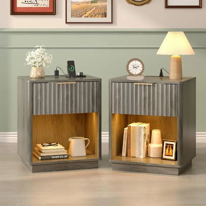 Black Nightstands Set of 2 with Fabric Drawers, Fluted Nightstands with Charging Station, Night Stand Set of 2, Small Bedside Ta