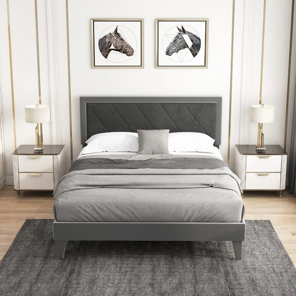 Queen Platform Bed Frame Velvet Upholstered w/ High Headboard & Wooden Slats