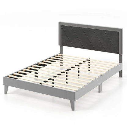 Queen Platform Bed Frame Velvet Upholstered w/ High Headboard & Wooden Slats