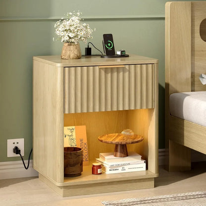 Black Nightstands Set of 2 with Fabric Drawers, Fluted Nightstands with Charging Station, Night Stand Set of 2, Small Bedside Ta