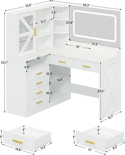 L-Shaped Corner Vanity Desk with LED Lighted Mirror & Charging Station, White Makeup Vanity with 6 Drawers & Sliding RGB Cabinet
