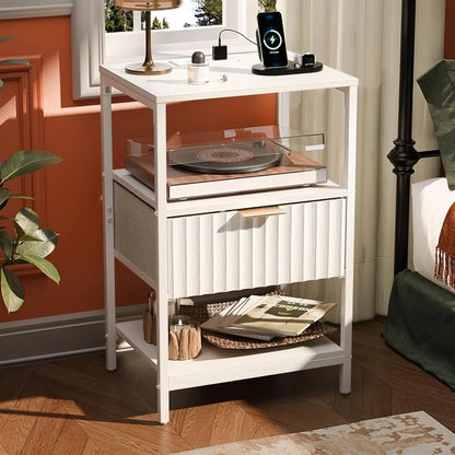 Night Stand with Charging Station & Led Light, 19" W Fluted Nightstand Round Edge, Wood Nightstand Mid Century Modern End Table,