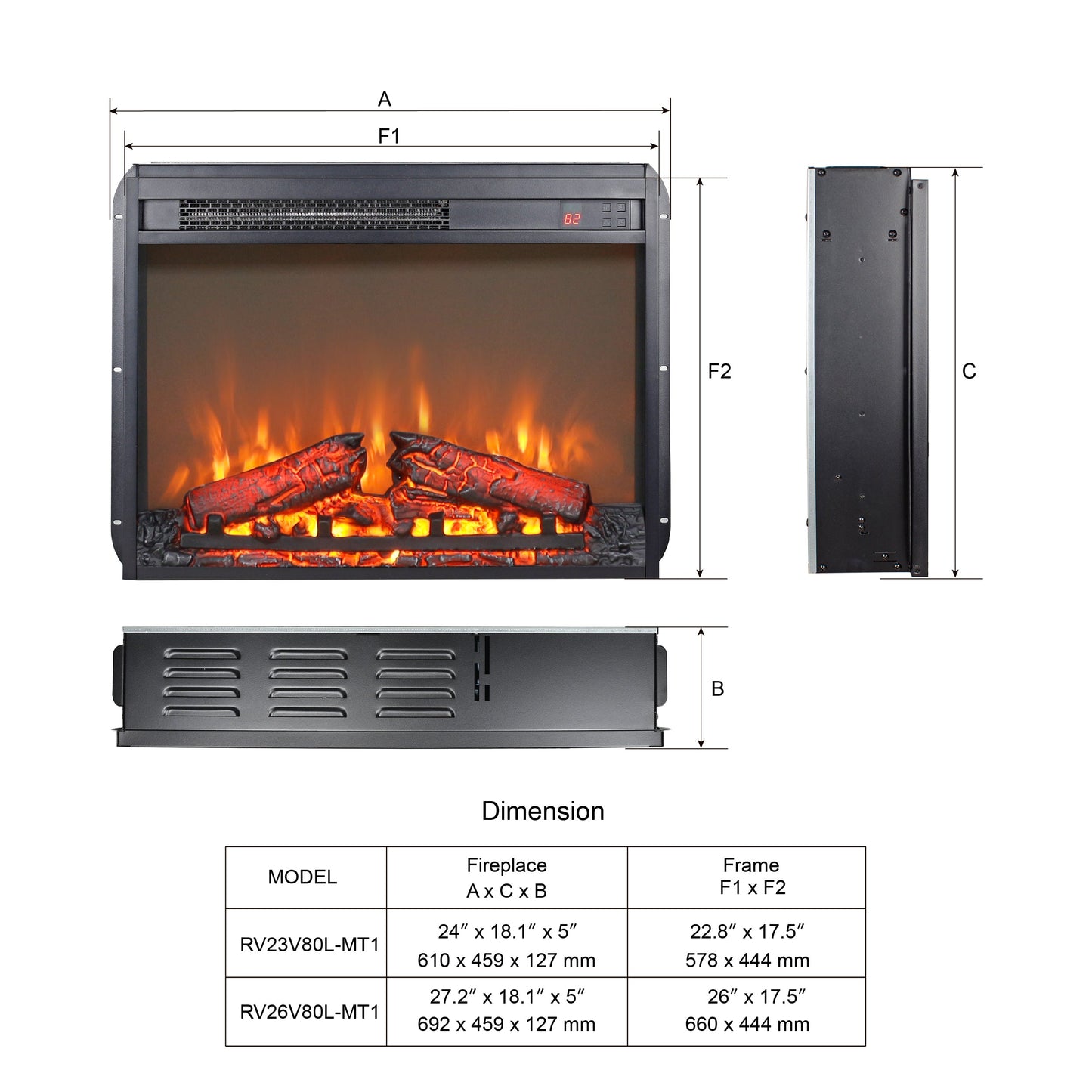 23 inch electric fireplace insert ultra thin heater with log set & realistic flame remote control