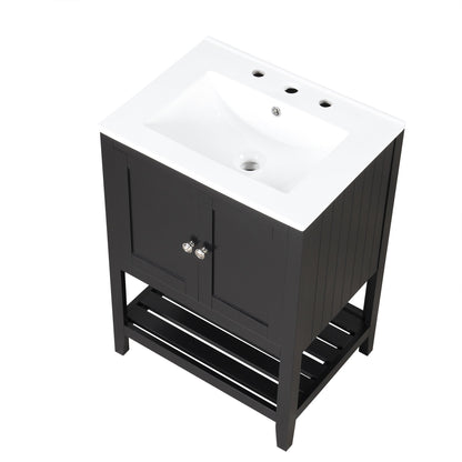24" Black Modern Sleek Bathroom Vanity Elegant Ceramic Sink with Solid Wood Frame Open Style Shelf