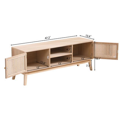 SUPERJARE Boho TV Stand for 55 Inch TV, Entertainment Center with Adjustable Shelf,Real Rattan TV Console with 2 Cabinets