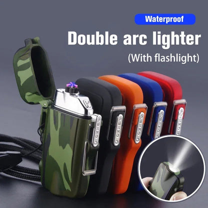 Outdoor Dual Plasma Arc Lighter With Flashlight Waterproof USB Electric Cigarette Lighter Hiking Starter Turbo lighter Men Gifts
