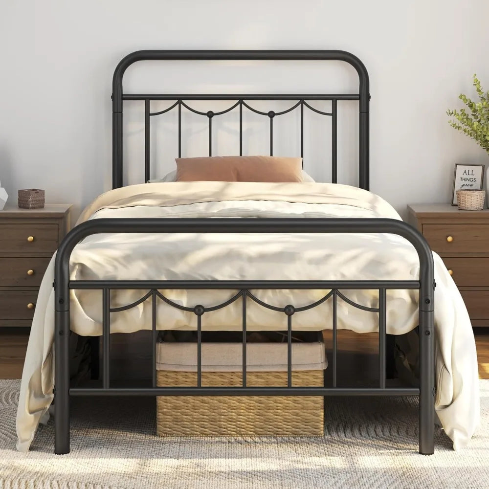 Metal Bed Frames with Vintage Headboard and Footboard, Farmhouse Metal Platform Bed, Heavy Duty Steel Slat Support, Ample Under-
