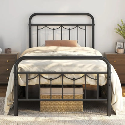 Metal Bed Frames with Vintage Headboard and Footboard, Farmhouse Metal Platform Bed, Heavy Duty Steel Slat Support, Ample Under-