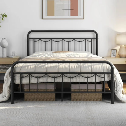 Metal Bed Frames with Vintage Headboard and Footboard, Farmhouse Metal Platform Bed, Heavy Duty Steel Slat Support, Ample Under-