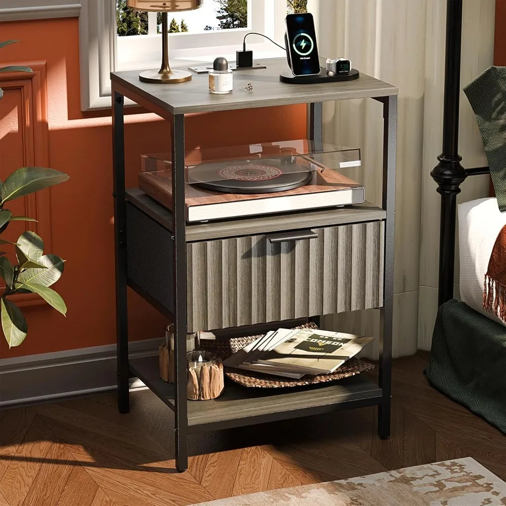 Night Stand with Charging Station & Led Light, 19" W Fluted Nightstand Round Edge, Wood Nightstand Mid Century Modern End Table,