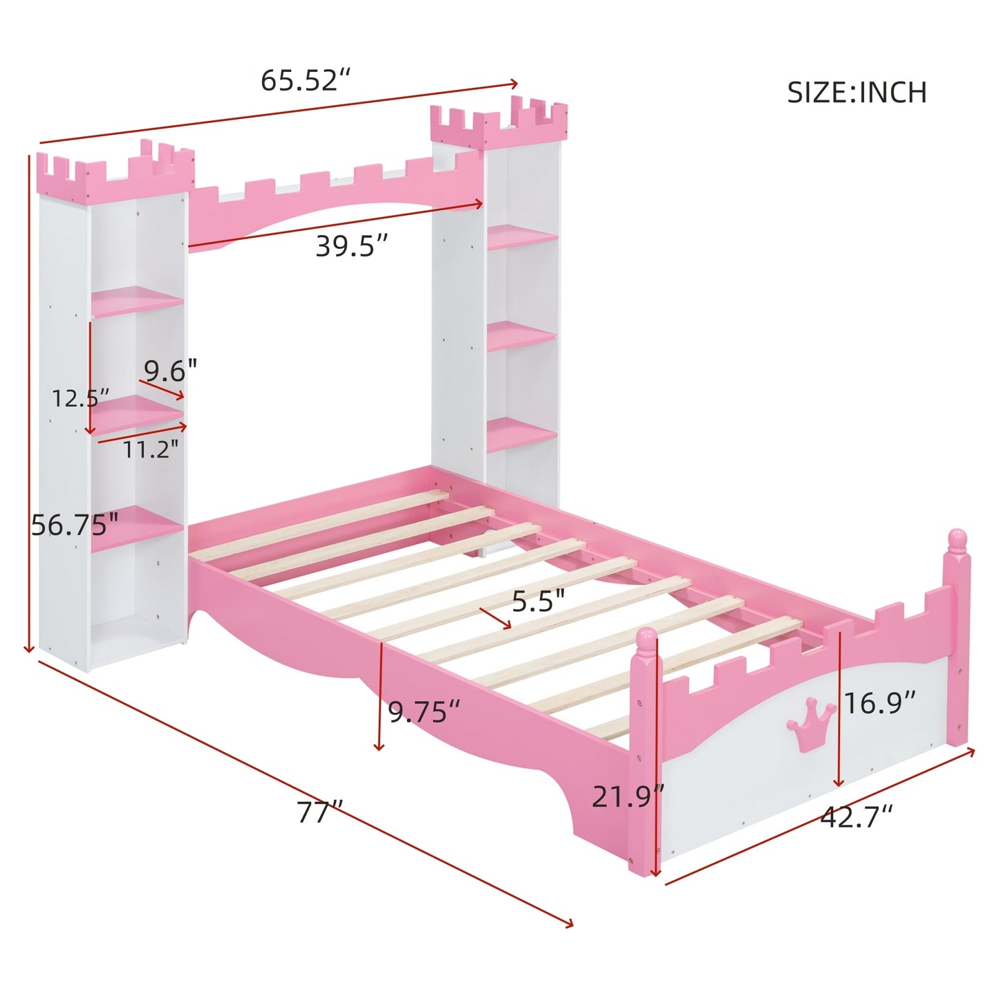 Castle-Shaped Wooden Bed with Storage Shelf, Dreamy Twin Size Platform Bed for Kids Bedroom, White + Pink