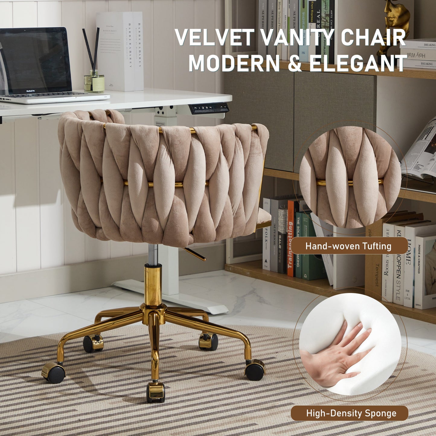 Velvet Vanity Chair with Wheels, Accent Chair Makeup Vanity Chair with Hand Woven Backrest (GRAY)
