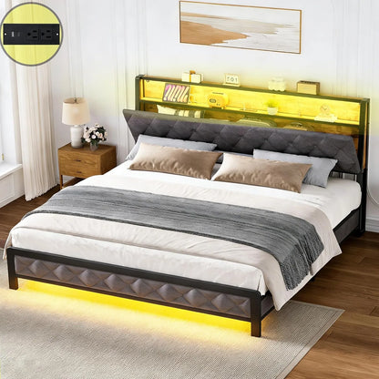 Queen Size Bed Frame with Storage Headboard and Charging Station, Upholstered Bed Frame Queen Size with LED Lights, Platform Bed