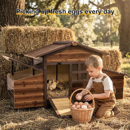 Chicken Coop with 2 Nesting Boxes, Large Outdoor Wooden Chicken Hen House Cages for 2 Chickens, Easy Clean Poultry Hutch for Bac