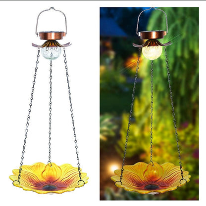 Solar Hanging Bird Bath for Outdoors 24 inch Glass Bird Feeder Sunflower Tray Crackle Ball Light Waterproof Yard Garden Decorati