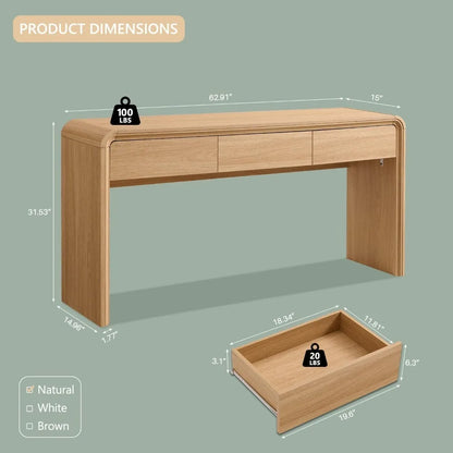 63'' Console Table with 3 Drawers, Modern Entryway Table with Curved Profile Design, Narrow Long Wood Sofa Table
