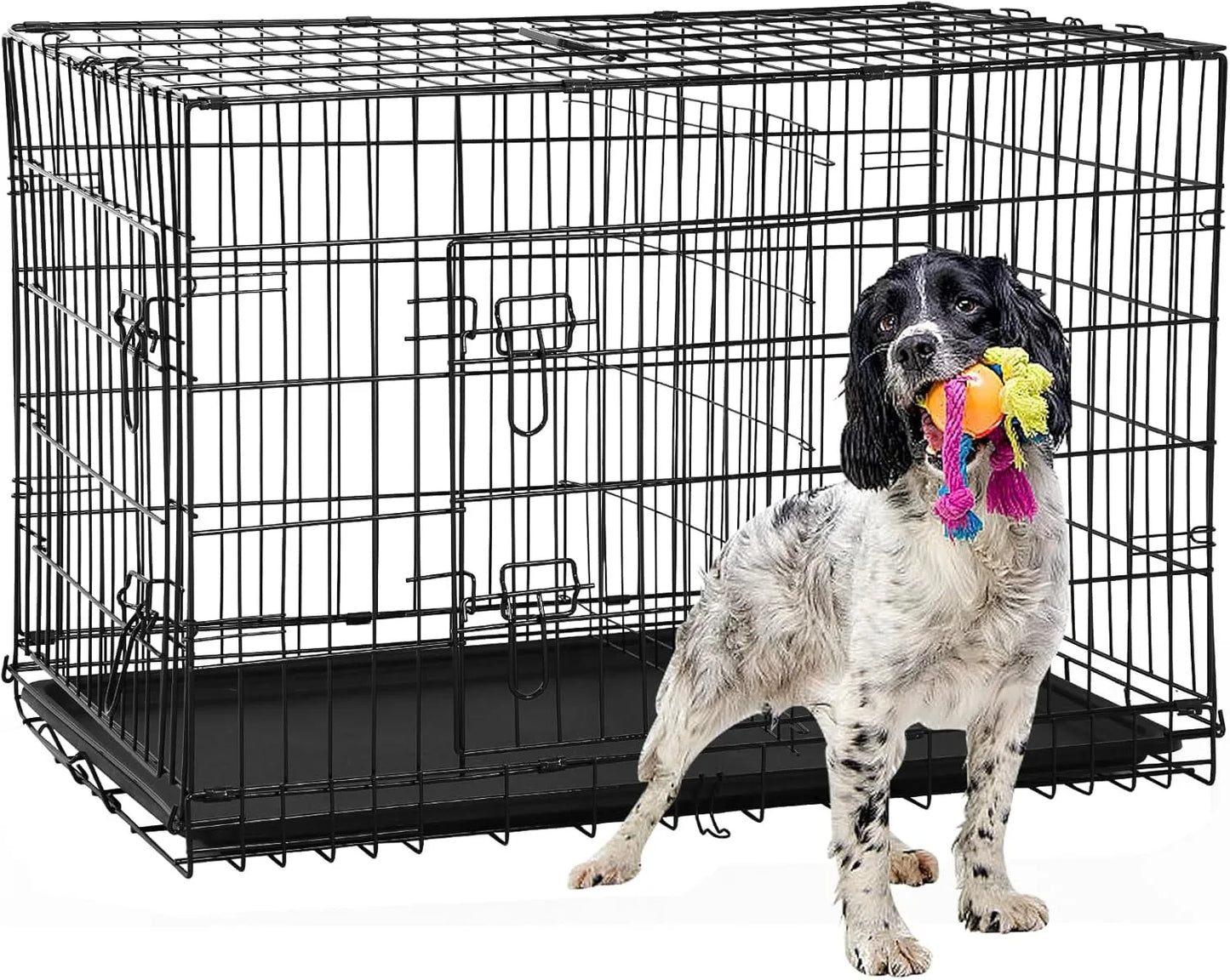 42 Inch Dog Crate, Double Door Folding Metal Wire Dog Cage with Divider and Tray, Pet Kennel Cage for Large Medium Small Dogs, L