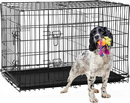 42 Inch Dog Crate, Double Door Folding Metal Wire Dog Cage with Divider and Tray, Pet Kennel Cage for Large Medium Small Dogs, L