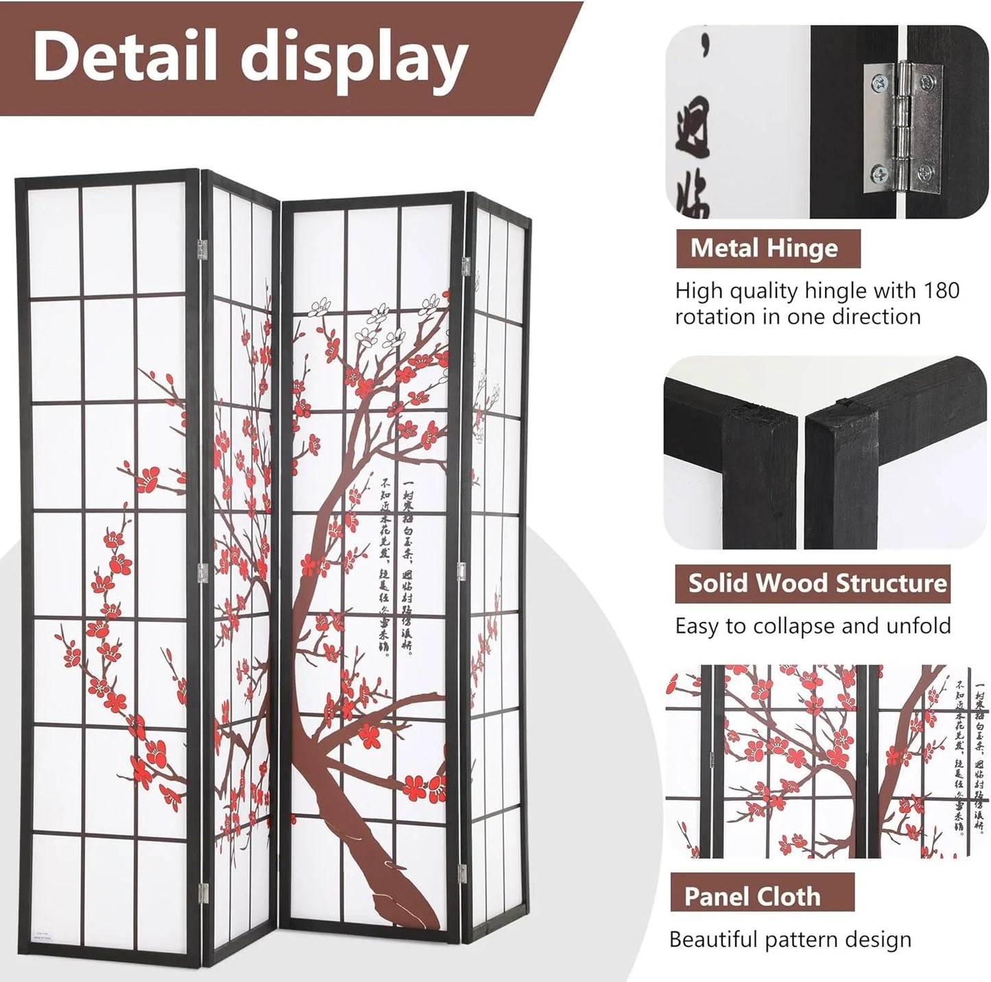 6ft Folding Privacy Divider 4 Panels Oriental Shoji Screen Wall Divider Wood Divider Portable Freestanding Partitio