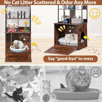 2-in-1 Cat Litter Box Enclosure with Storage Shelves, Hidden Cat Litter Box Enclosure Furniture with Entrance (Rustic Brown