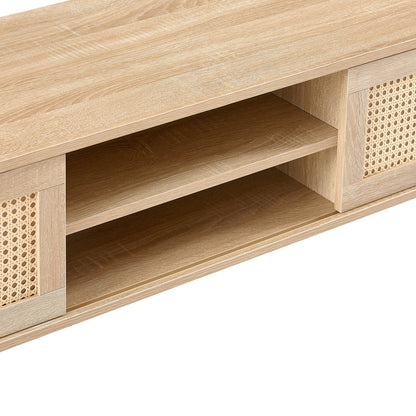 55.12" Rattan TV cabinet double sliding doors for storage adjustable shelf solid wood legs TV console for living room natural