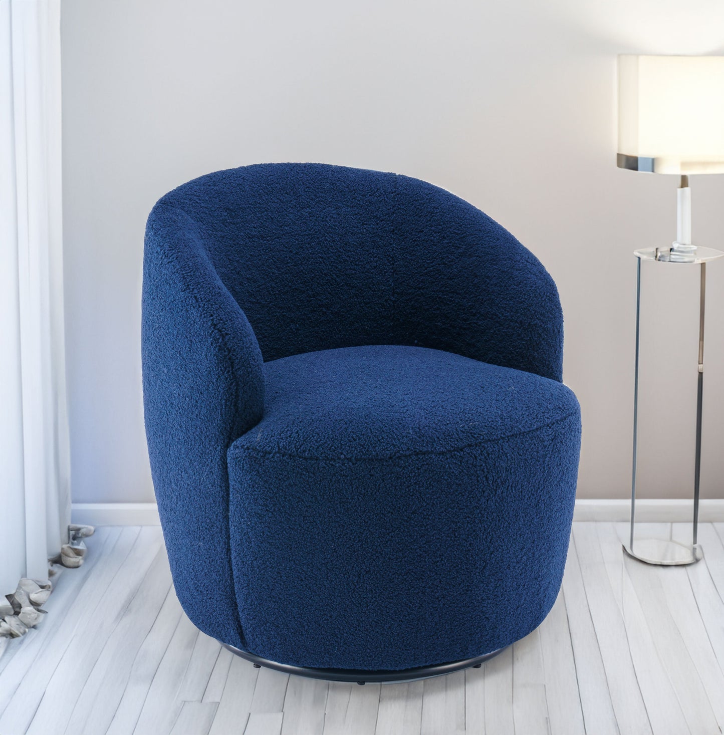 Teddy Fabric Swivel Accent Armchair Barrel Chair With Black Powder Coating Metal Ring Dark Blue