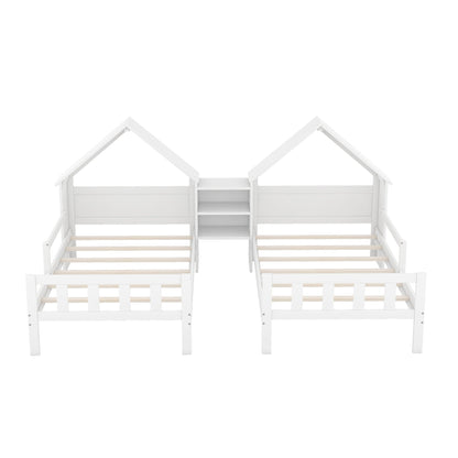 Double Twin Size Platform Bed with House-shaped Headboard and a Built-in Nightstand, White