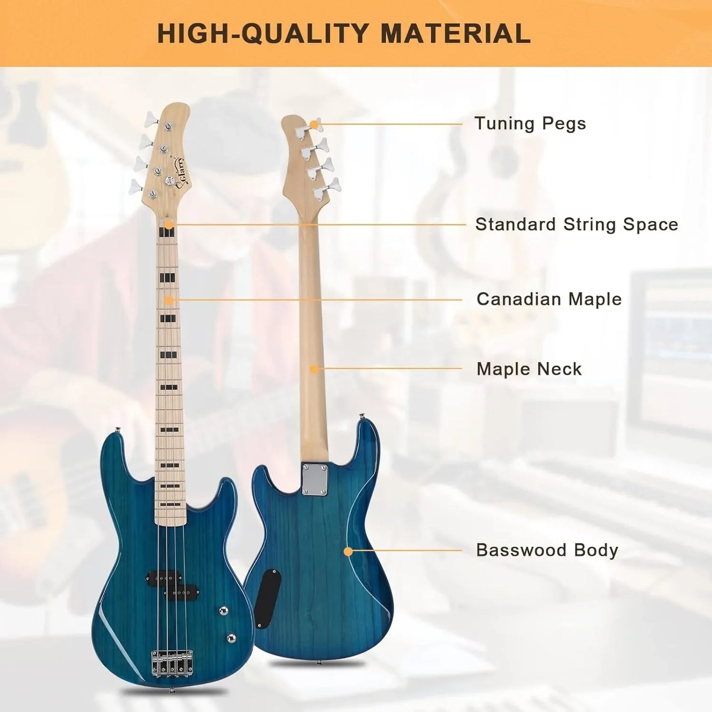 GP Series Full Size Electric Bass Guitar 4 String Beginner Kit Canadian Maple Fingerboard with Cable, Strap, Bag and Acce