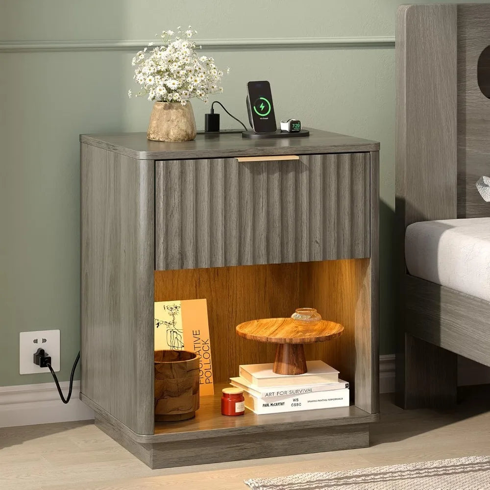 Night Stand with Charging Station & Led Light, 19" W Fluted Nightstand Round Edge, Wood Nightstand Mid Century Modern End Table,