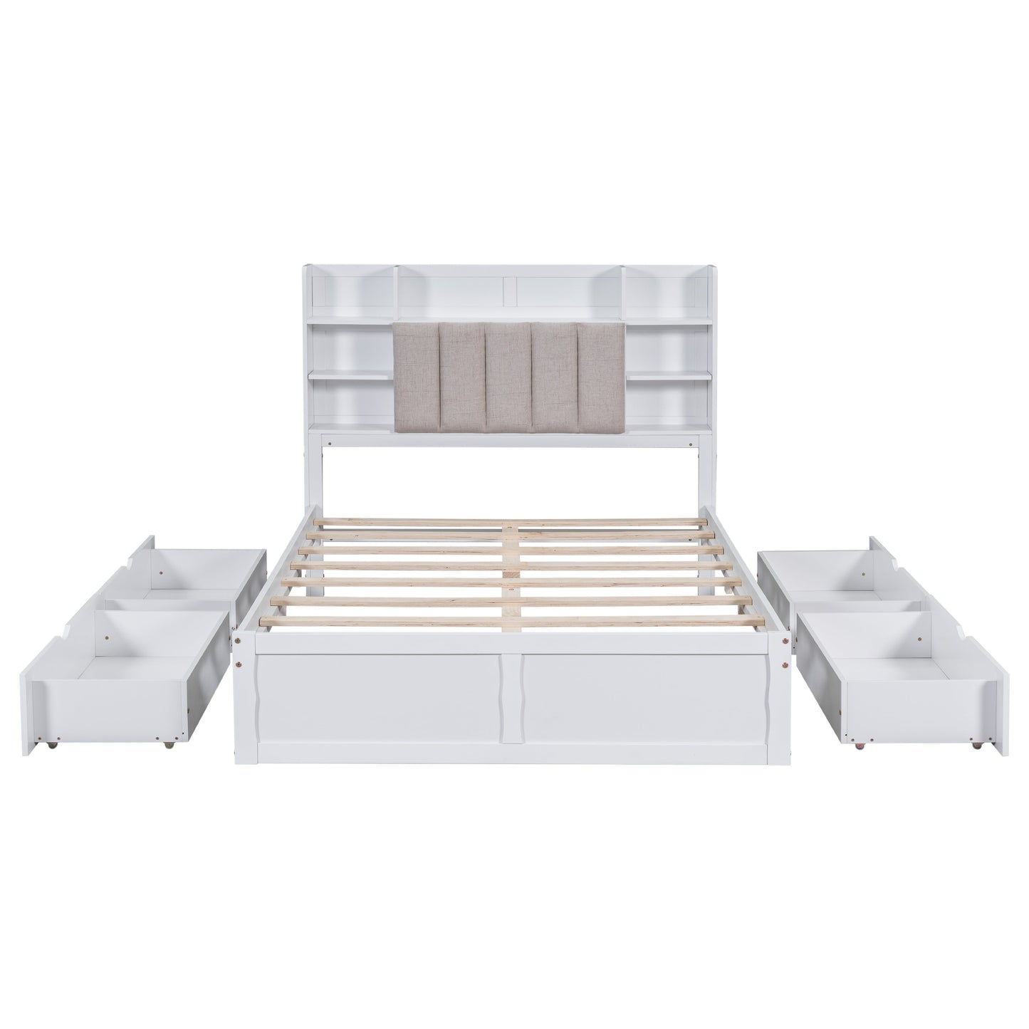 Multi-functional Full Size Bed Frame with 4 Under-bed Portable Storage Drawers and Multi-tier Bedside Storage Shelves White