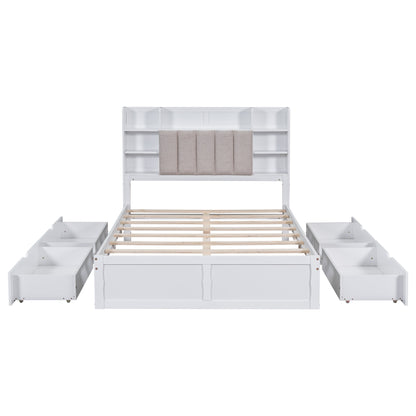 Multi-functional Full Size Bed Frame with 4 Under-bed Portable Storage Drawers and Multi-tier Bedside Storage Shelves White