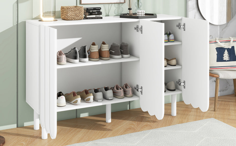 ON-TRANS Cream Style Shoe Cabinet with 5 Adjustable Solid Wood Legs, Large Storage Cabinet with Wave Doors, White