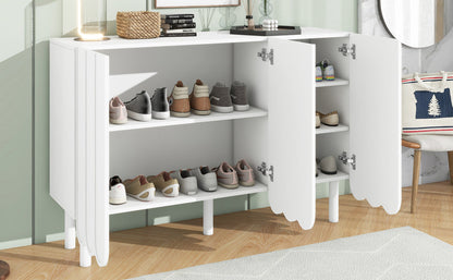 ON-TRANS Cream Style Shoe Cabinet with 5 Adjustable Solid Wood Legs, Large Storage Cabinet with Wave Doors, White