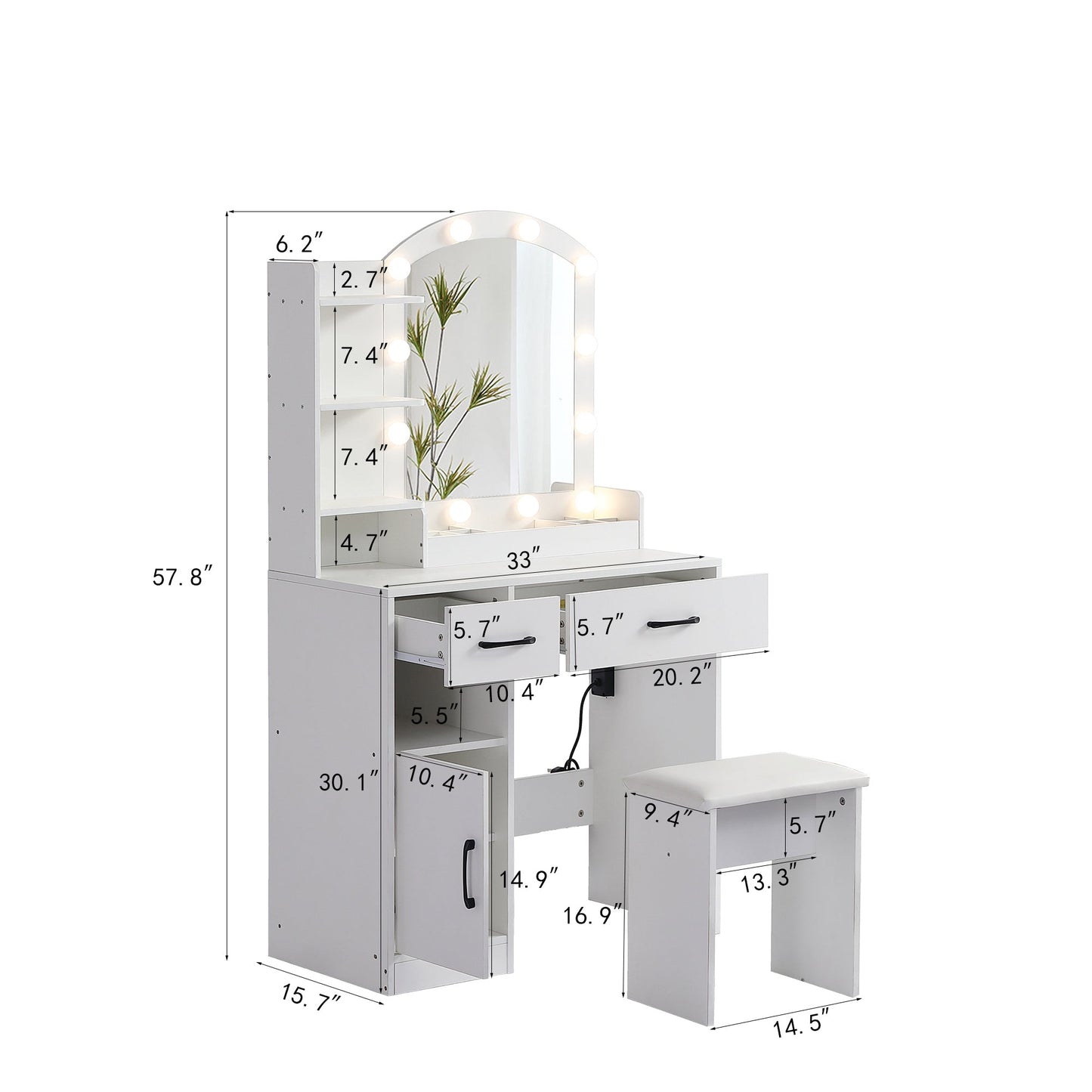 Vanity desk set including table with large lighted mirror 3 color lighting modes adjustable brightness white color