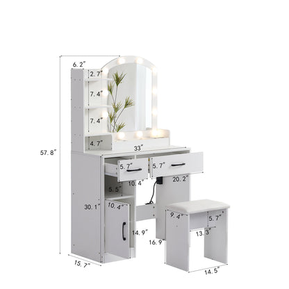 Vanity desk set including table with large lighted mirror 3 color lighting modes adjustable brightness white color