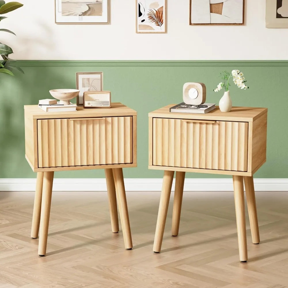 Night Stand with Charging Station & Led Light, 19" W Fluted Nightstand Round Edge, Wood Nightstand Mid Century Modern End Table,